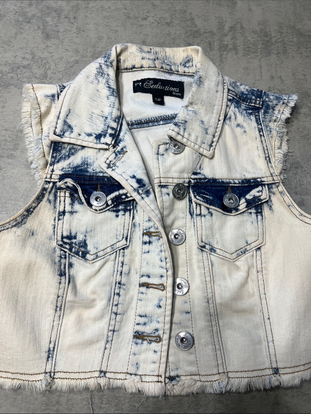 Acid Wash Denim Vest with Frayed Hem